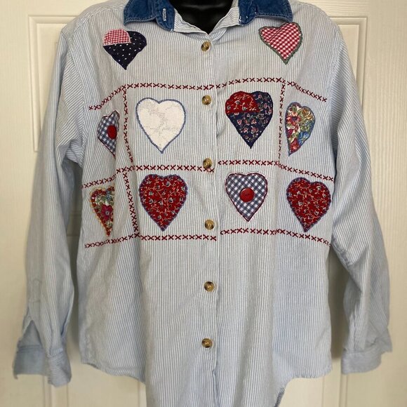 unknown Tops - Vintage Denim Heart Patchwork Embroidered Button Down Cottagecore Grannycore